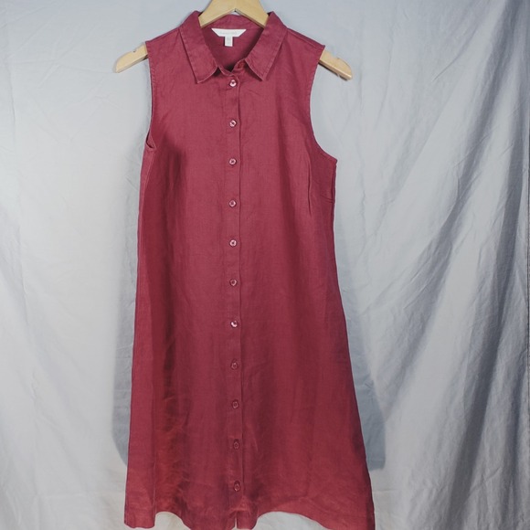 Garnet Hill Women's Dress  Linen Sleeveless Red Button Front Casual Shift Size 6 - Picture 3 of 14